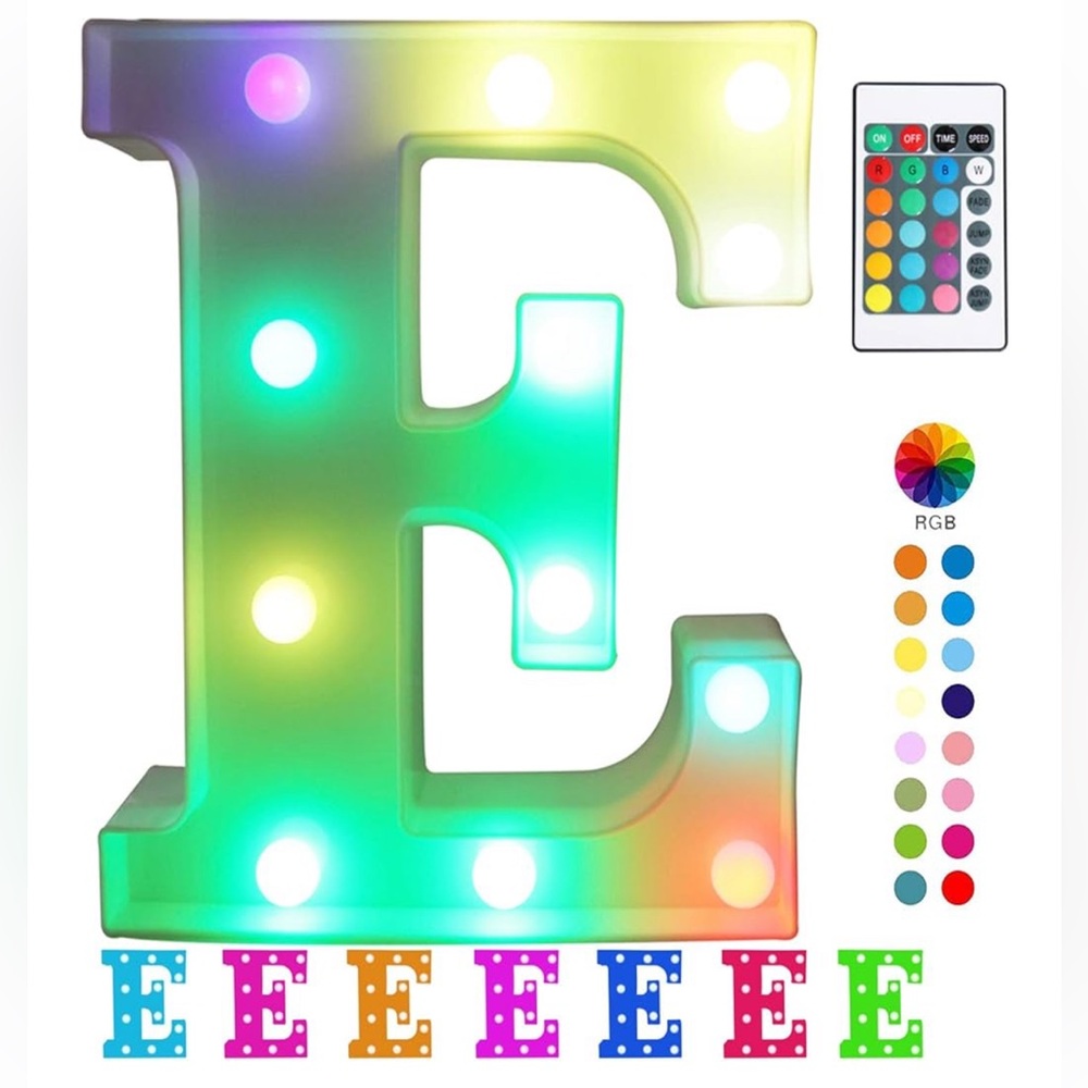 Colorful LED Marquee letter light with a remote in ‘E’